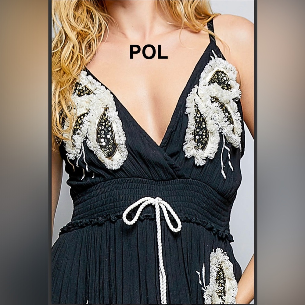 BPB225-3🖤🤍NEW! Boom! POL Black Mini Dress with Cream Appliqué-heads will turn! - Picture 4 of 7